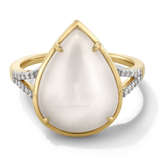 Pear-Shaped White Jade and 0.10 CT. T.W. Diamond Split Shank Ring in 14K Gold