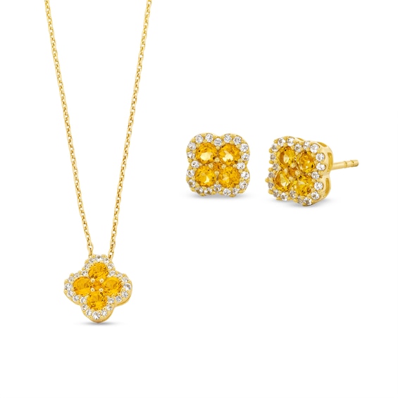 Citrine and White Lab-Created Sapphire Frame Clover Pendant and Stud Earrings Set in Sterling Silver with 14K Gold Plate