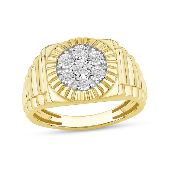 0.15 CT. T.W. Multi-Diamond Coin-Edge Frame Ribbed Shank Ring in 10K Gold