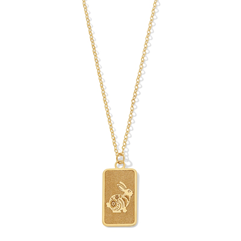 Rabbit Chinese Zodiac Rectangle Tag Pendant in Solid 14K Gold