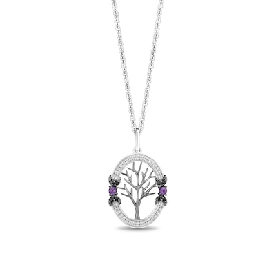 Disney Treasures Hocus Pocus Amethyst and 0.14 CT. T.W. Diamond Oval Frame Tree Pendant in Sterling Silver - 19”