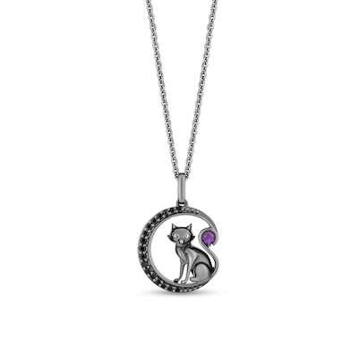 Disney Treasures Hocus Pocus Amethyst and Black Diamond Cat with Crescent Moon Pendant in Black Sterling Silver - 19”