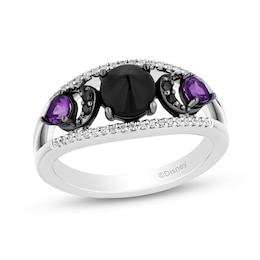 Disney Treasures Hocus Pocus Onyx and Amethyst with Diamond Crescent Moon Open Shank Ring in Sterling Silver