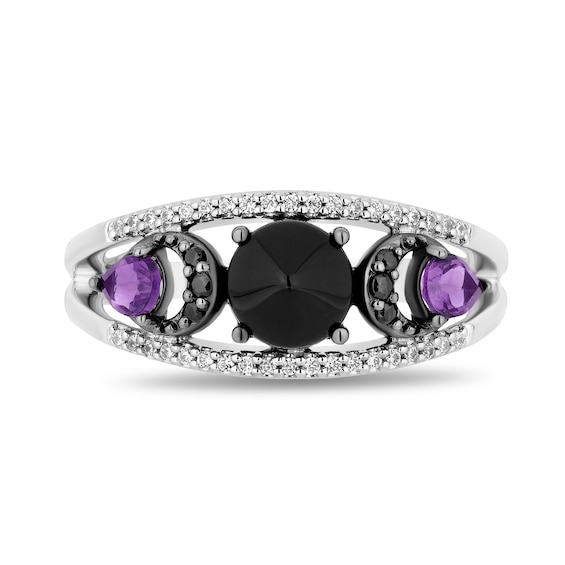 Disney Treasures Hocus Pocus Onyx and Amethyst with Diamond Crescent Moon Open Shank Ring in Sterling Silver