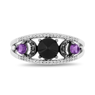 Disney Treasures Hocus Pocus Onyx and Amethyst with Diamond Crescent Moon Open Shank Ring in Sterling Silver