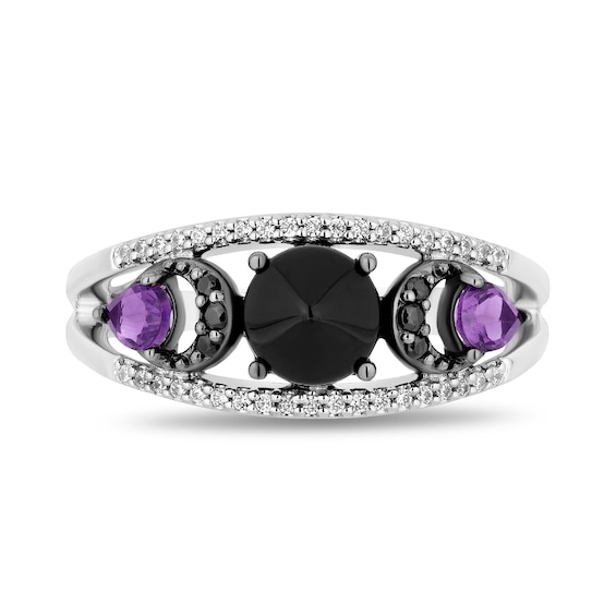 Disney Treasures Hocus Pocus Onyx and Amethyst with Diamond Crescent Moon Open Shank Ring in Sterling Silver