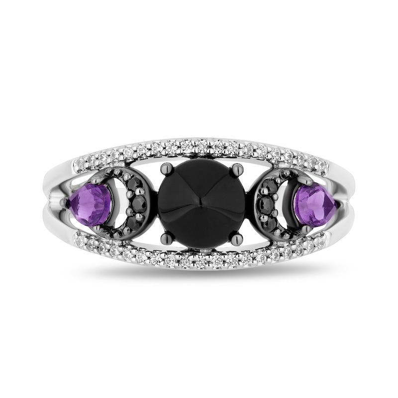 Disney Treasures Hocus Pocus Onyx and Amethyst with Diamond Crescent Moon Open Shank Ring in Sterling Silver