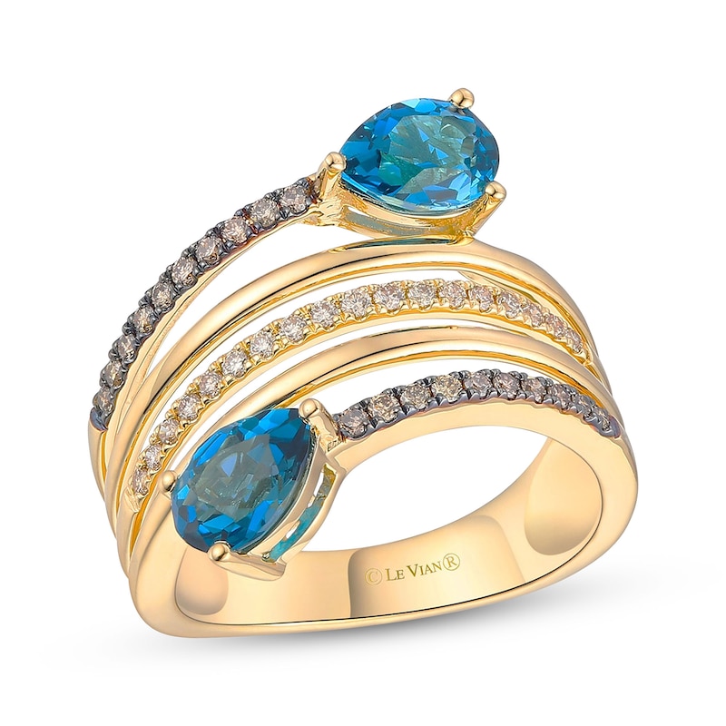 Main Image 1 of Le Vian® Good Karma Pear-Shaped Deep Sea Blue Topaz™ and 0.28 CT. T.W. Diamond Bypass Ring in 14K Honey Gold™