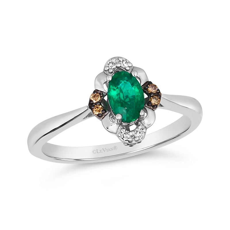 Main Image 1 of Le Vian® Oval Costa Smeralda Emeralds™ and 0.09 CT. T.W. Diamond Scallop Frame Ring in 14K Vanilla Gold®