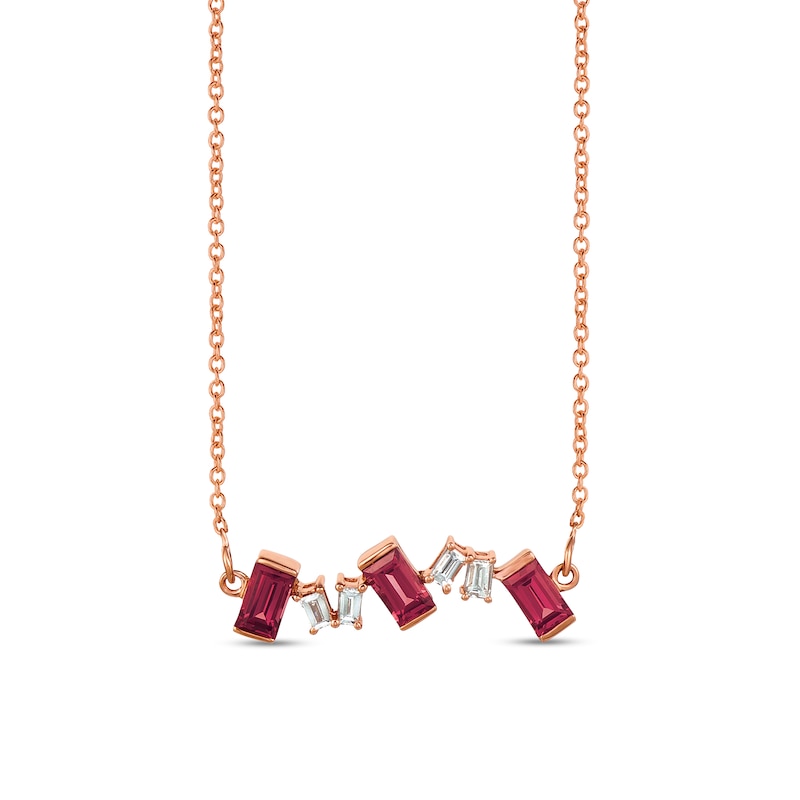 Main Image 1 of Le Vian® Baguette-Cut Raspberry Rhodolite® Garnet and 0.15 CT. T.W. Diamond Zigzag Necklace in 14K Strawberry Gold®