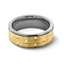 Men's 8.0mm Brick-Pattern Wedding Band in Tungsten and 14K Gold - Size 10