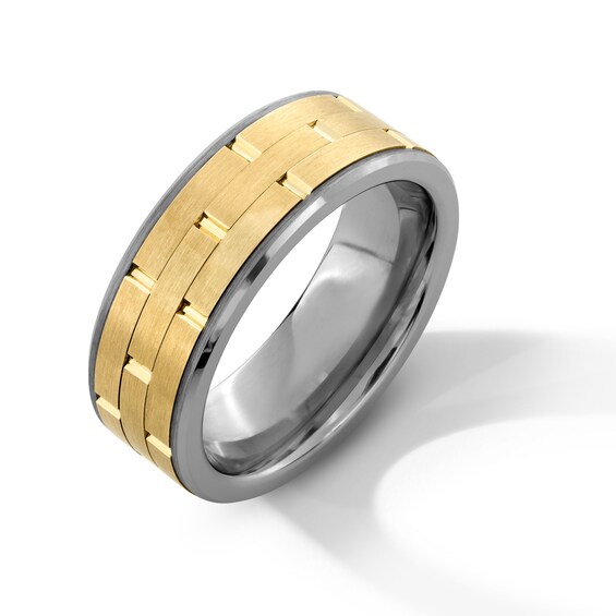 Men's 8.0mm Brick-Pattern Wedding Band in Tungsten and 14K Gold - Size 10