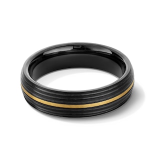 Men's 6.0mm Grooved Wedding Band in Tungsten with Black Ion Plate and 14K Gold - Size 10