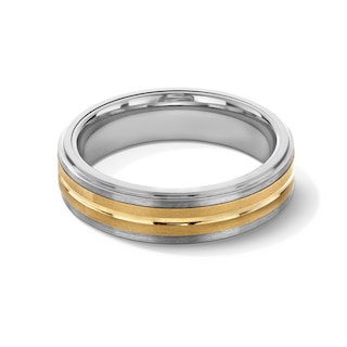 Men's 6.0mm Grooved Inlay Wedding Band in Tungsten and 14K Gold - Size 10