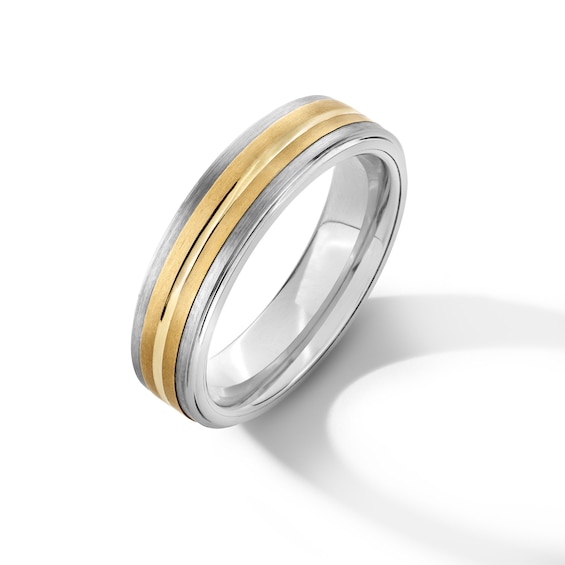 Men's 6.0mm Grooved Inlay Wedding Band in Tungsten and 14K Gold - Size 10