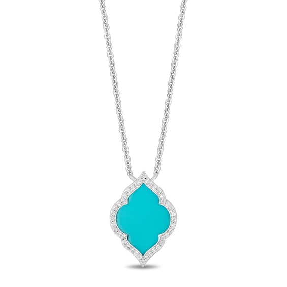 Enchanted Disney Jasmine Turquoise and 0.115 CT. T.W. Diamond Quatrefoil Frame Necklace in Sterling Silver