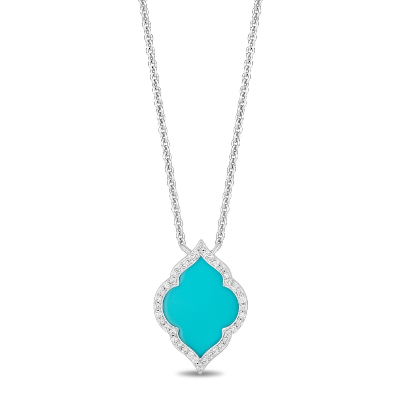 Enchanted Disney Jasmine Turquoise and 0.115 CT. T.W. Diamond Quatrefoil Frame Necklace in Sterling Silver