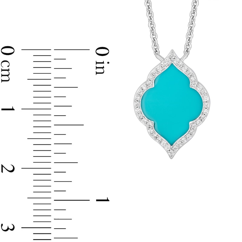 Enchanted Disney Jasmine Turquoise and 0.115 CT. T.W. Diamond Quatrefoil Frame Necklace in Sterling Silver