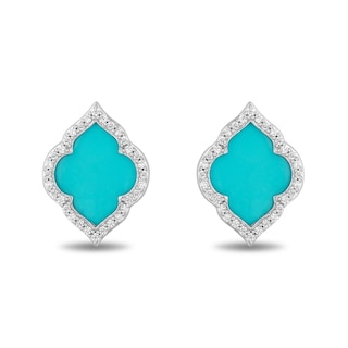 Enchanted Disney Jasmine Turquoise and 0.145 CT. T.W. Diamond Quatrefoil Frame Stud Earrings in Sterling Silver