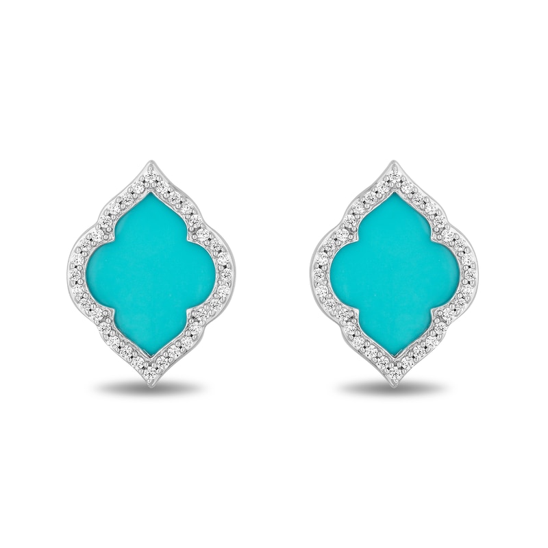 Enchanted Disney Jasmine Turquoise and 0.145 CT. T.W. Diamond Quatrefoil Frame Stud Earrings in Sterling Silver