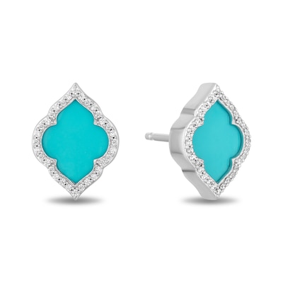 Enchanted Disney Jasmine Turquoise and 0.145 CT. T.W. Diamond Quatrefoil Frame Stud Earrings in Sterling Silver