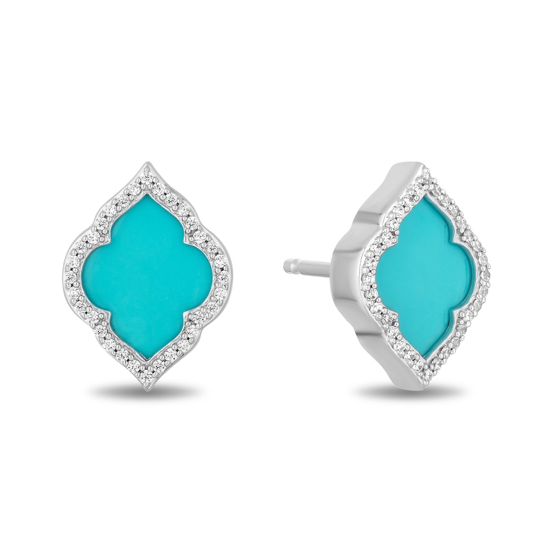 Enchanted Disney Jasmine Turquoise and 0.145 CT. T.W. Diamond Quatrefoil Frame Stud Earrings in Sterling Silver