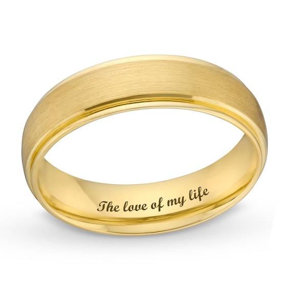 Men's 6.0mm Satin Stepped Edge Engravable Wedding Band in 18K Gold (1 Line)