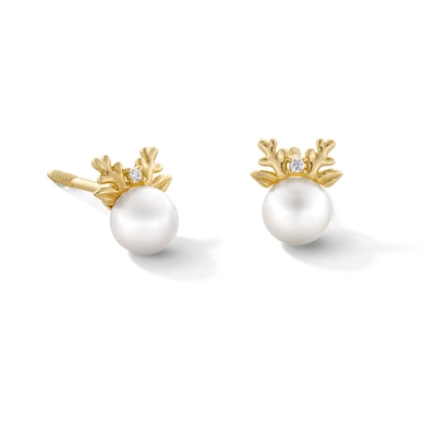 Child’s 4.0mm Freshwater Cultured Pearl and Cubic Zirconia Reindeer Stud Earrings in 10K Gold