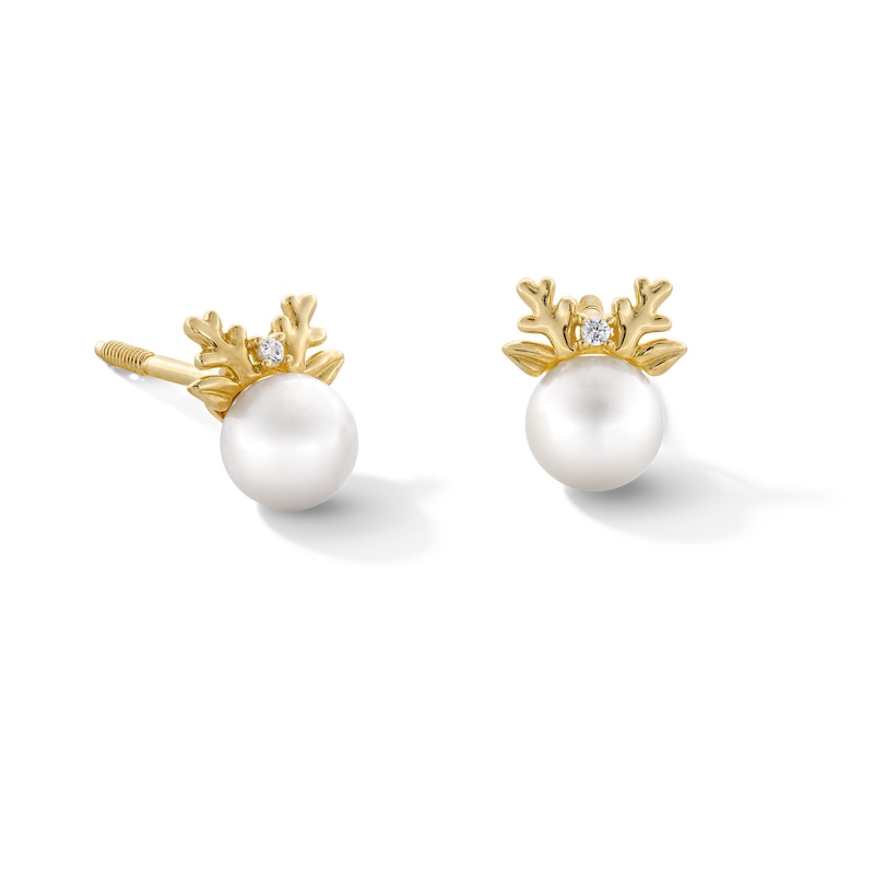 Child’s 4.0mm Freshwater Cultured Pearl and Cubic Zirconia Reindeer Stud Earrings in 10K Gold