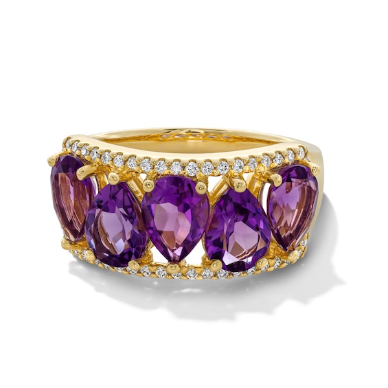 Pear-Shaped Amethyst and 0.18 CT. T.W. Diamond Edge Five Stone Ring in 10K Gold