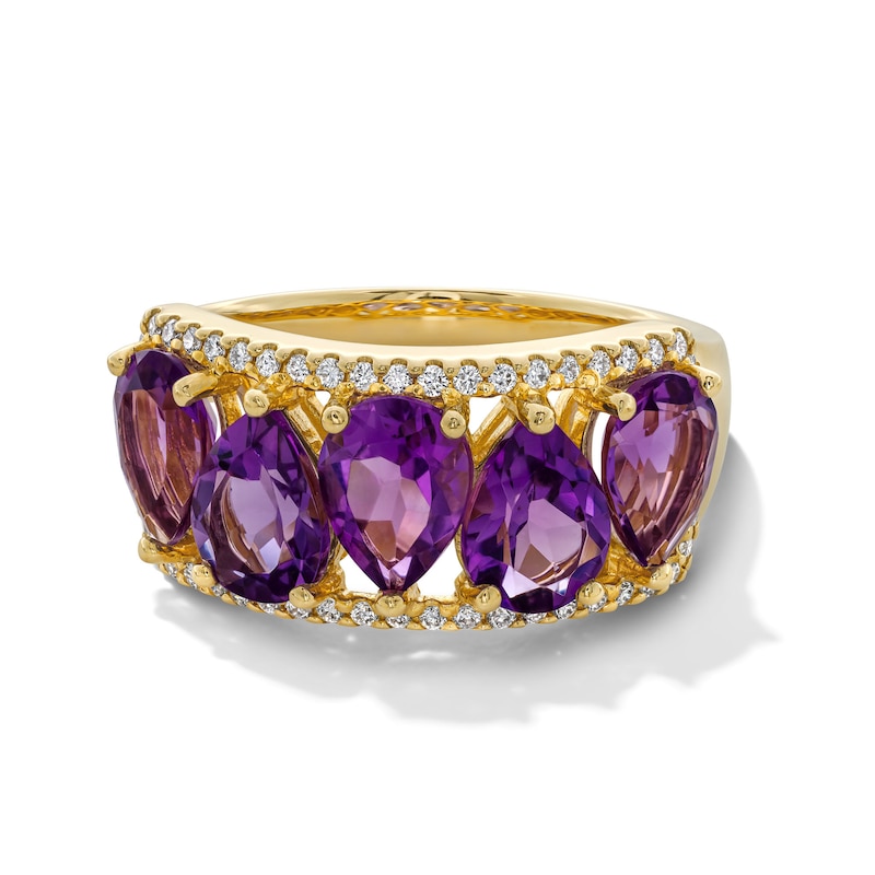 Main Image 1 of Pear-Shaped Amethyst and 0.18 CT. T.W. Diamond Edge Five Stone Ring in 10K Gold