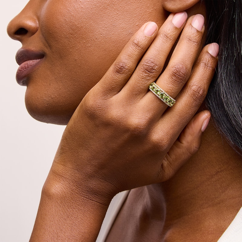 Main Image 2 of 4.0mm Peridot and 0.145 CT. T.W. Diamond Edge Seven Stone Ring in 10K Gold