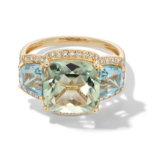 EFFY™ Collection Cushion-Cut Green Quartz, Sky Blue Topaz and 0.18 CT. T.W. Diamond Cocktail Ring in 14K Gold