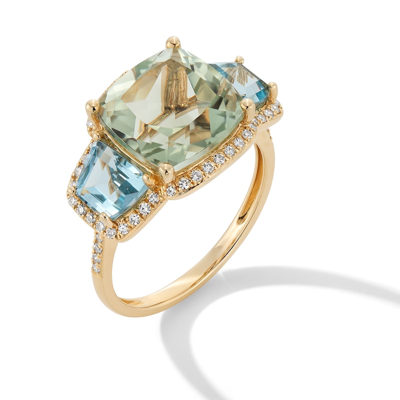 EFFY™ Collection Cushion-Cut Green Quartz, Sky Blue Topaz and 0.18 CT. T.W. Diamond Cocktail Ring in 14K Gold