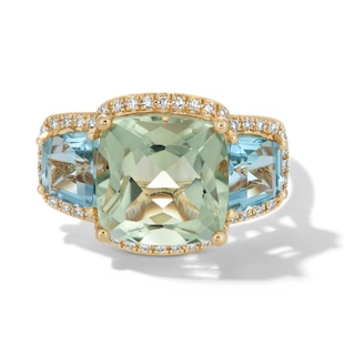 EFFY™ Collection Cushion-Cut Green Quartz, Sky Blue Topaz and 0.18 CT. T.W. Diamond Cocktail Ring in 14K Gold