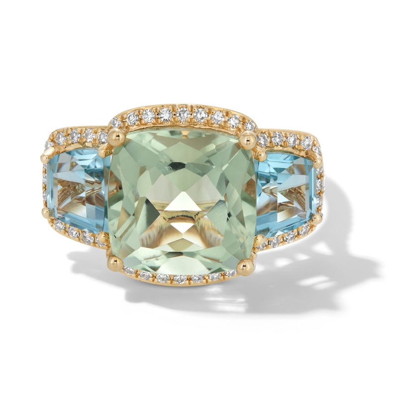 EFFY™ Collection Cushion-Cut Green Quartz, Sky Blue Topaz and 0.18 CT. T.W. Diamond Cocktail Ring in 14K Gold