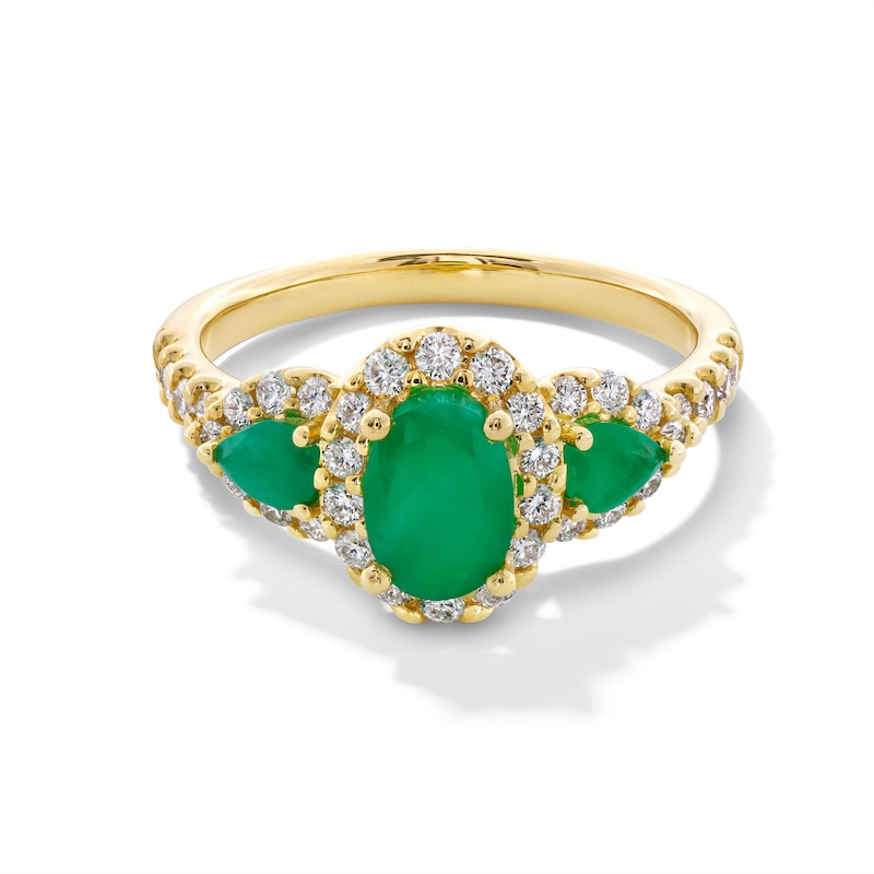 Main Image 1 of Oval and Pear-Shaped Emerald with 0.45 CT. T.W. Diamond Frame Three Stone Ring in 10K Gold