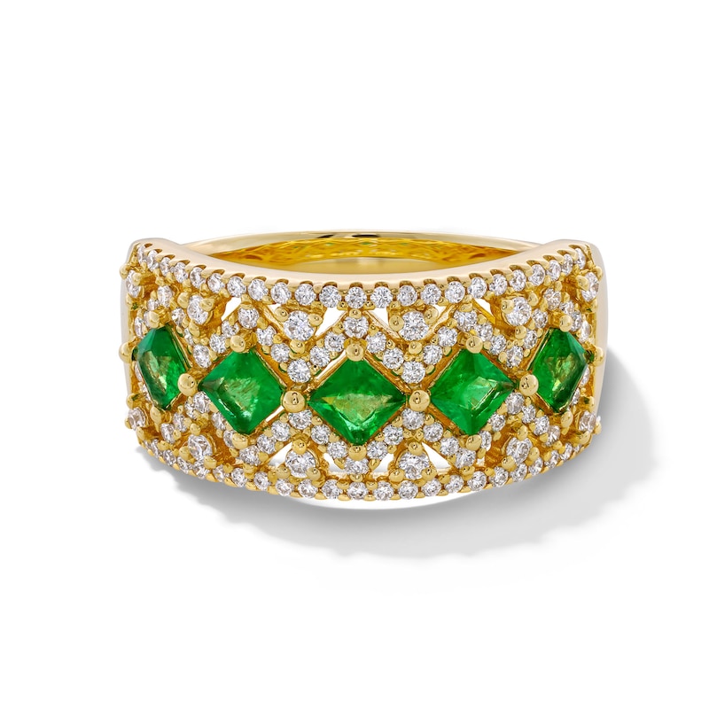 Princess-Cut Emerald and 0.45 CT. T.W. Diamond Ornate Art Deco Band in 10K Gold