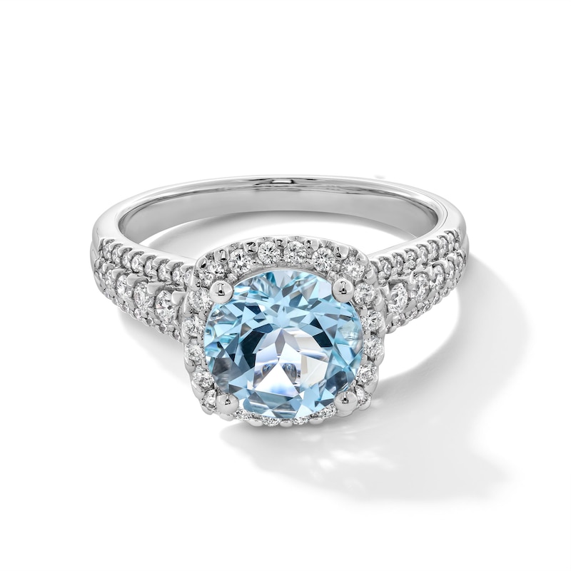 Main Image 1 of 8.0mm Aquamarine and 0.45 CT. T.W. Diamond Cushion Frame Multi-Row Ring in 10K White Gold