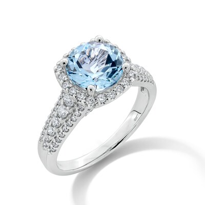 8.0mm Aquamarine and 0.45 CT. T.W. Diamond Cushion Frame Multi-Row Ring in 10K White Gold