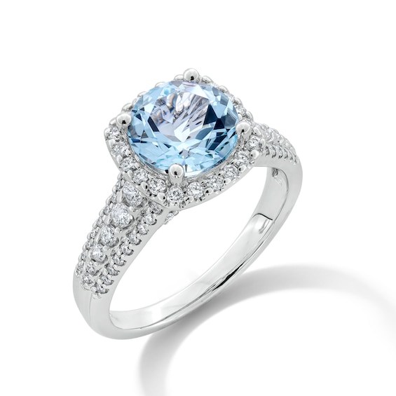 8.0mm Aquamarine and 0.45 CT. T.W. Diamond Cushion Frame Multi-Row Ring in 10K White Gold