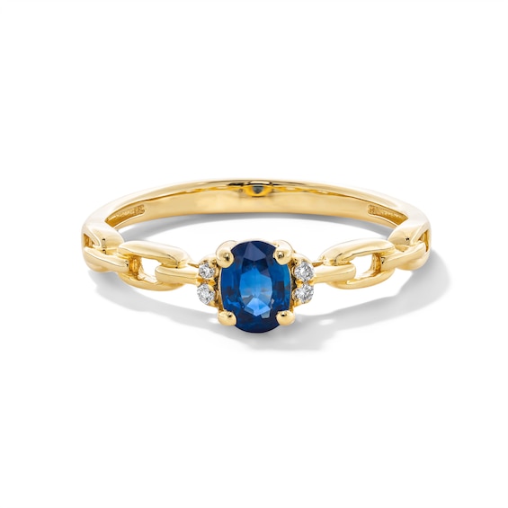 Oval Blue Sapphire and Diamond Accent Collar Link Shank Ring in 10K Gold