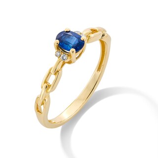 Oval Blue Sapphire and Diamond Accent Collar Link Shank Ring in 10K Gold