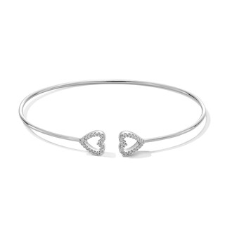 0.20 CT. T.W. Diamond Double Heart Open Bangle in Sterling Silver - 6.2"