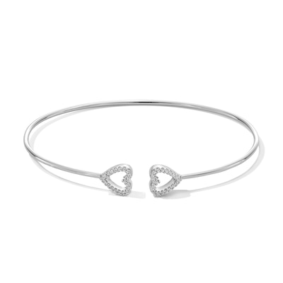 0.20 CT. T.W. Diamond Double Heart Open Bangle in Sterling Silver - 6.2"