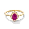 Thumbnail Image 1 of Oval Certified Ruby and 0.065 CT. T.W. Diamond Arabesque Frame Ring in 10K Gold