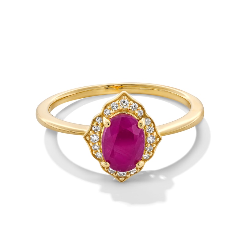 Main Image 1 of Oval Certified Ruby and 0.065 CT. T.W. Diamond Arabesque Frame Ring in 10K Gold