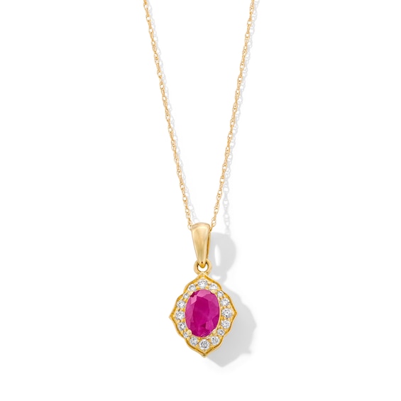 Oval Certified Ruby and 0.065 CT. T.W. Diamond Arabesque Frame Pendant in 10K Gold