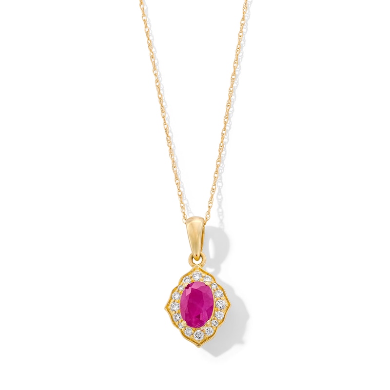 Main Image 1 of Oval Certified Ruby and 0.065 CT. T.W. Diamond Arabesque Frame Pendant in 10K Gold