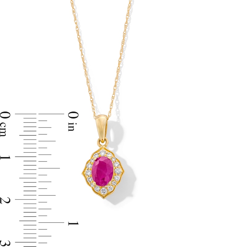 Oval Certified Ruby and 0.065 CT. T.W. Diamond Arabesque Frame Pendant in 10K Gold